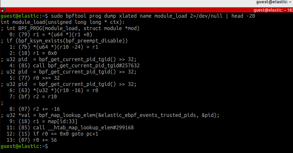 bpftool prog dump xlated name module_load showing bpf_get_current_pid_tgid call, map[id:33] lookup (elastic_ebpf_events_trusted_pids), and conditional jump at line 12