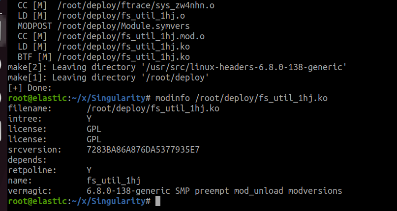 compilation complete showing fs_util_1hj.ko, modinfo output: license GPL, name fs_util_1hj, vermagic 6.8.0-138-generic