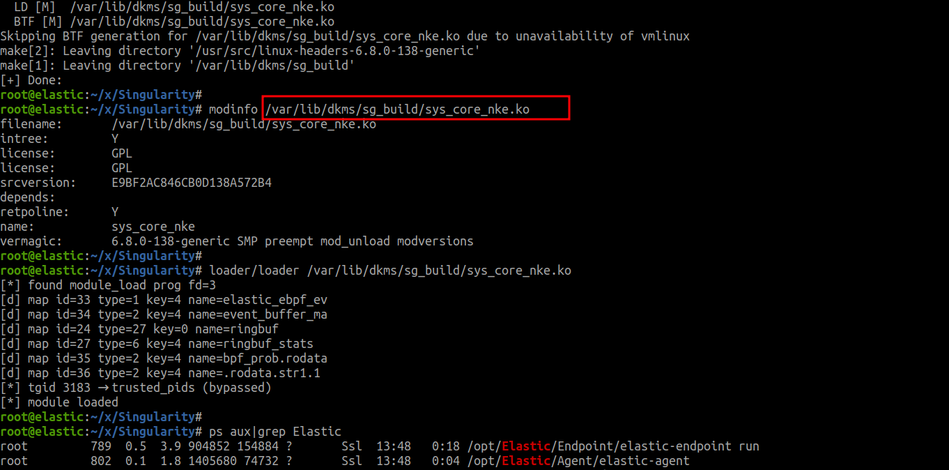 make obfuscate OBF_OUT=/var/lib/dkms/sg_build, modinfo showing license GPL name sys_core_nke vermagic 6.8.0-138-generic, loader output tgid 3183 trusted_pids bypassed module loaded, ps aux showing Elastic agent still running