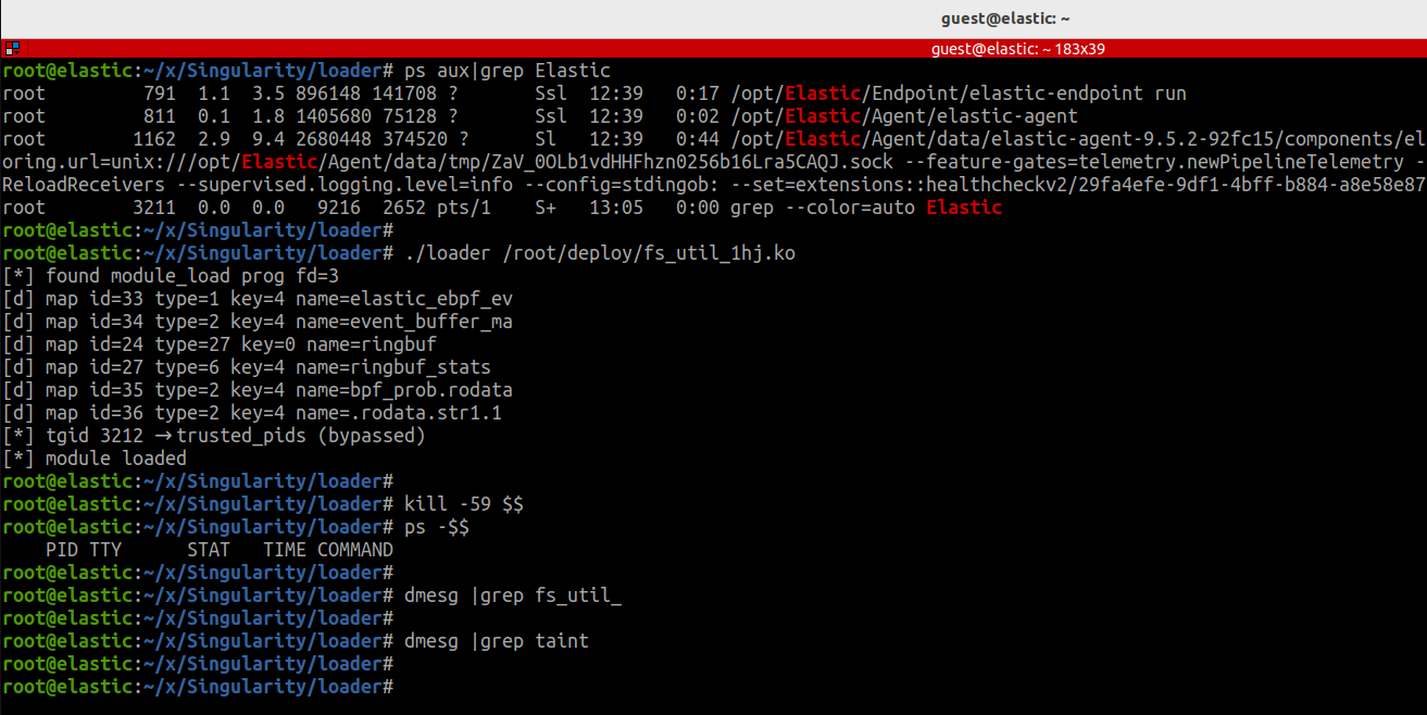 loader output: found module_load prog fd=3, map id=33 type=1 key=4 name=elastic_ebpf_ev, tgid 3212 -> trusted_pids (bypassed), module loaded. dmesg grep fs_util_ returns empty. dmesg grep taint returns empty.