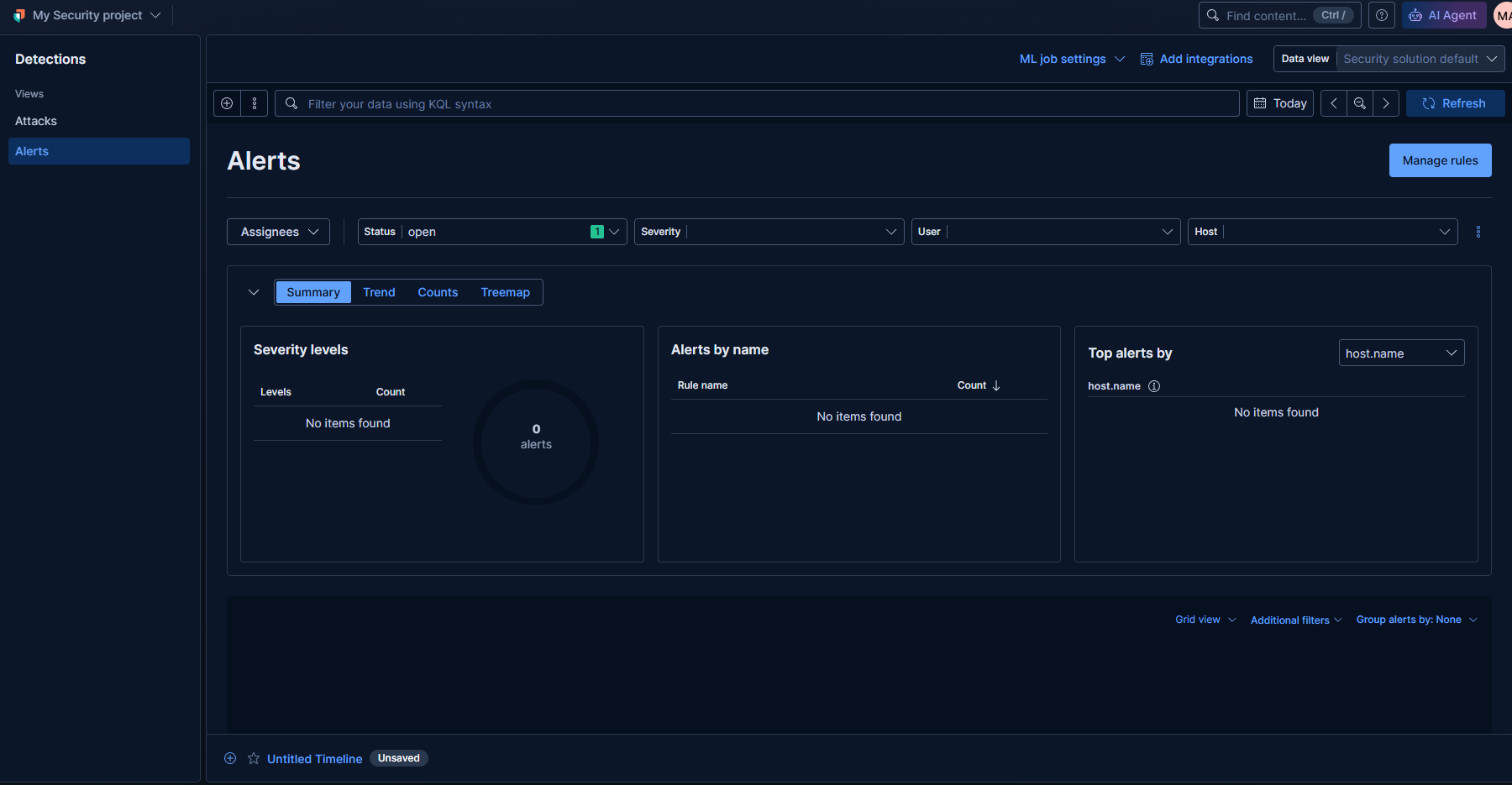 Kibana Alerts page showing 0 alerts, No items found