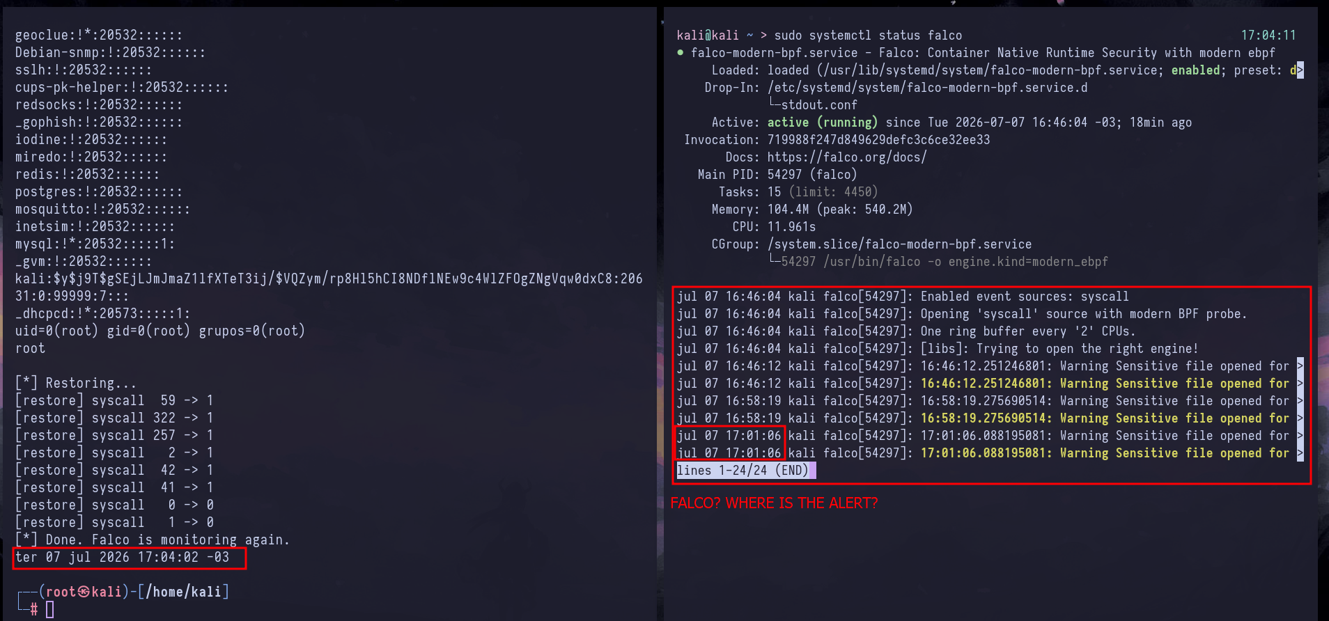 falco_blind running, /etc/shadow exposed, no alert in Falco