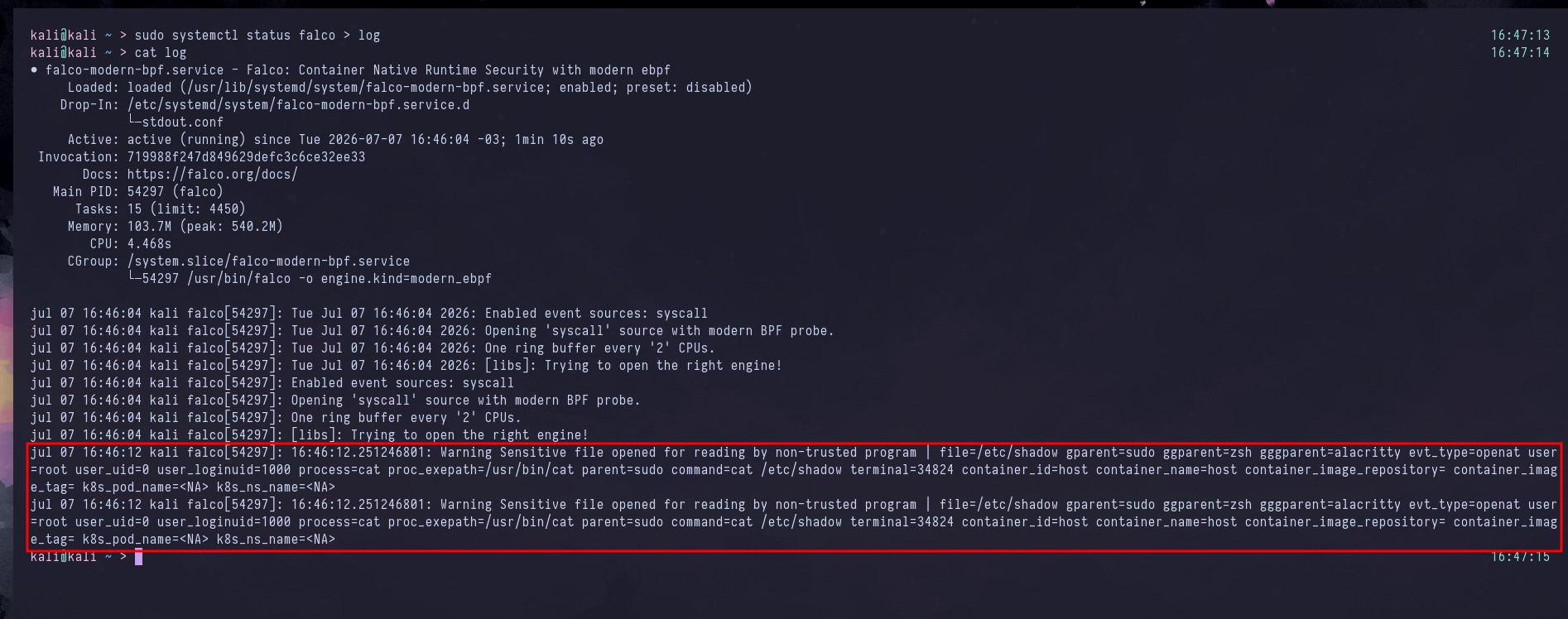 Full Falco alert log entry
