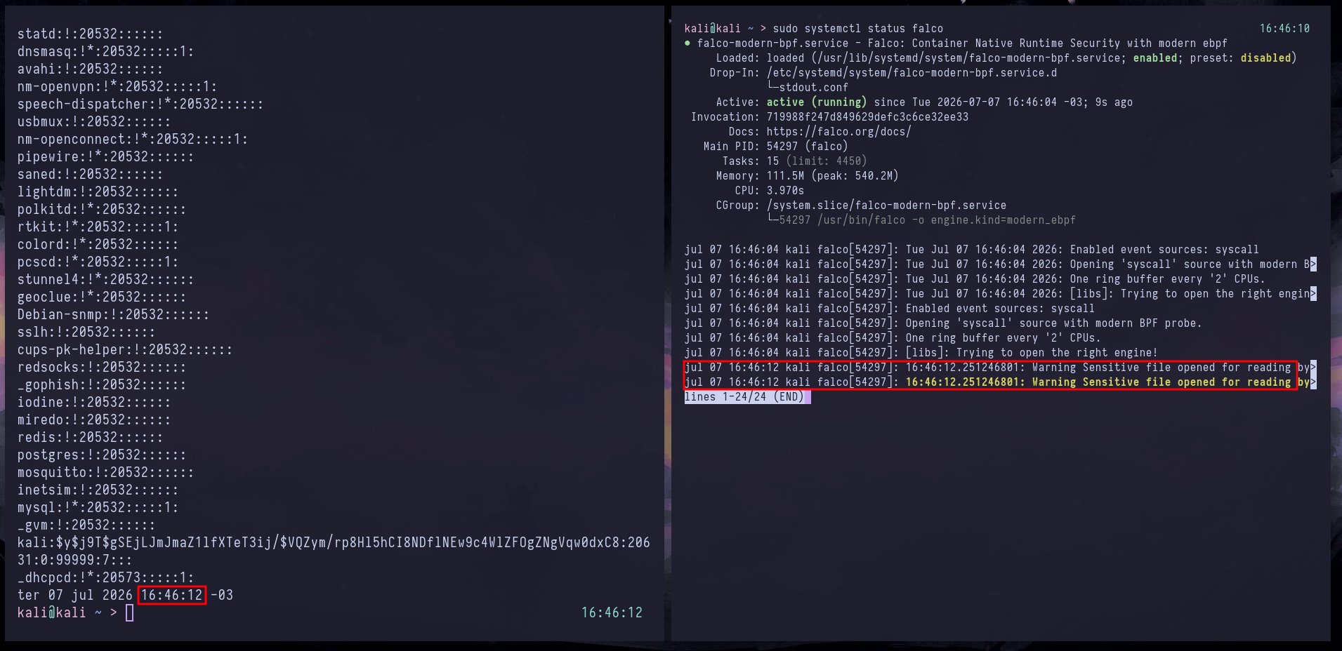 Falco detecting /etc/shadow access with timestamp