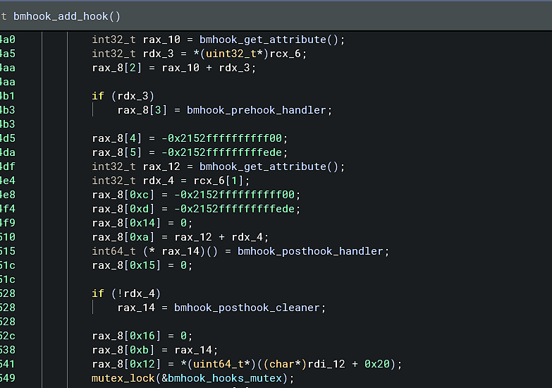 Binary Ninja view of bmhook_add_hook preparing prehook and posthook handlers