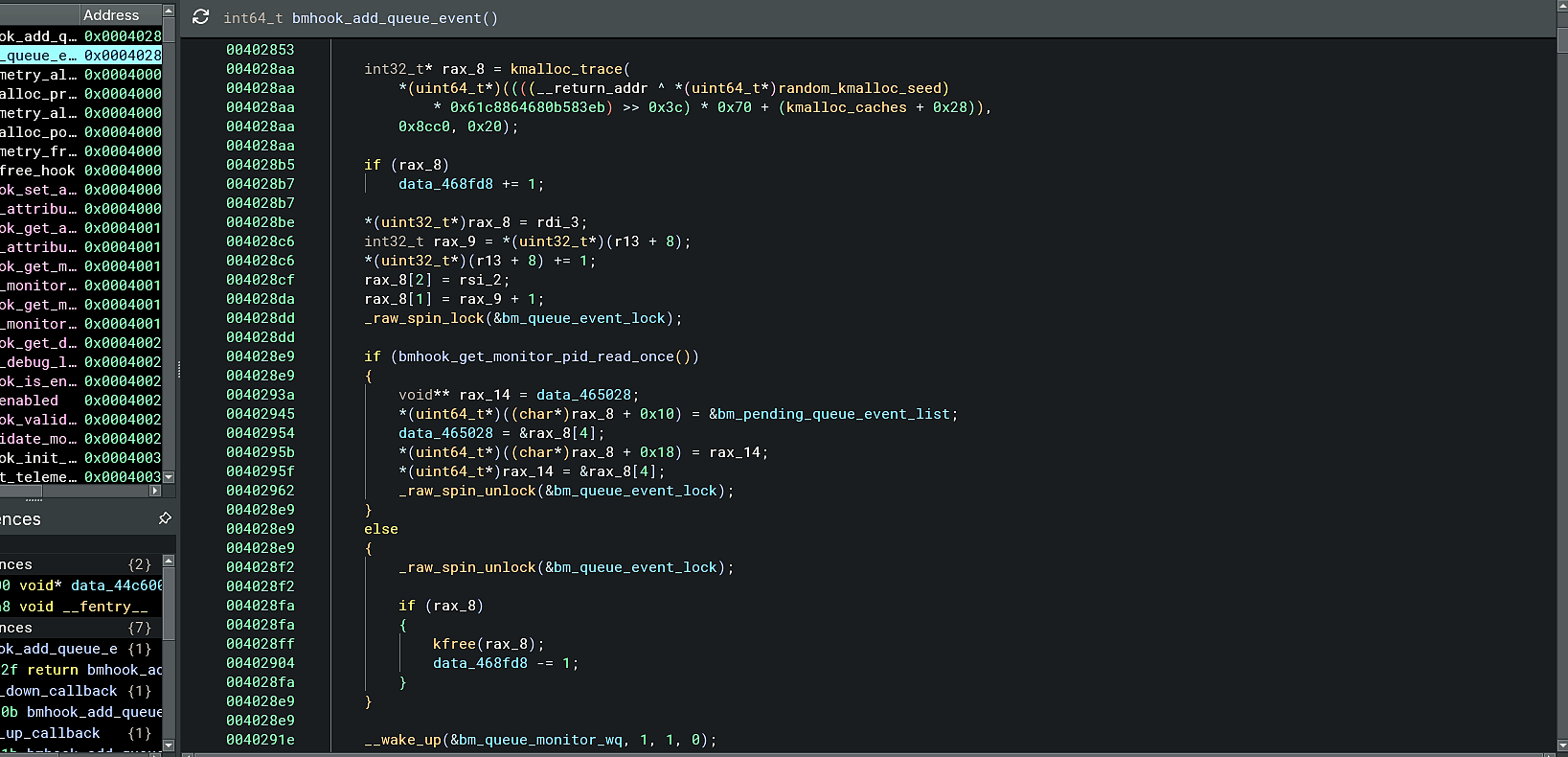 Binary Ninja view of bmhook_add_queue_event and event queue handling