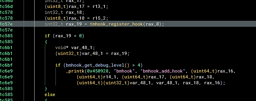 Binary Ninja view of bmhook_add_hook calling tmhook_register_hook