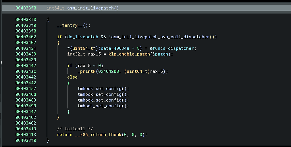 Binary Ninja view of tmhook livepatch initialization