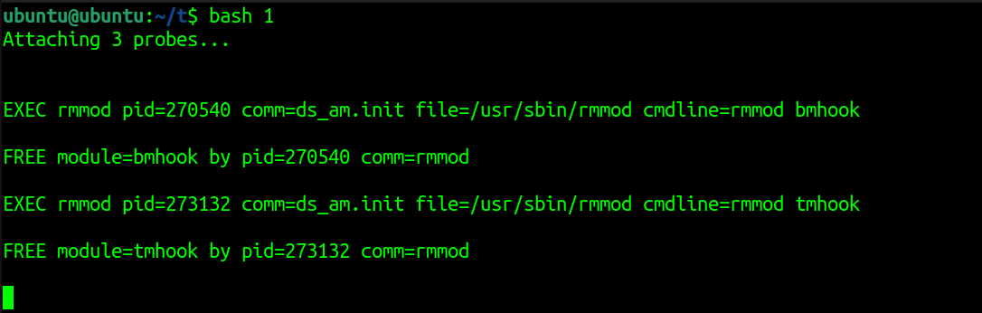 bpftrace showing ds_am.init executing rmmod for bmhook and tmhook