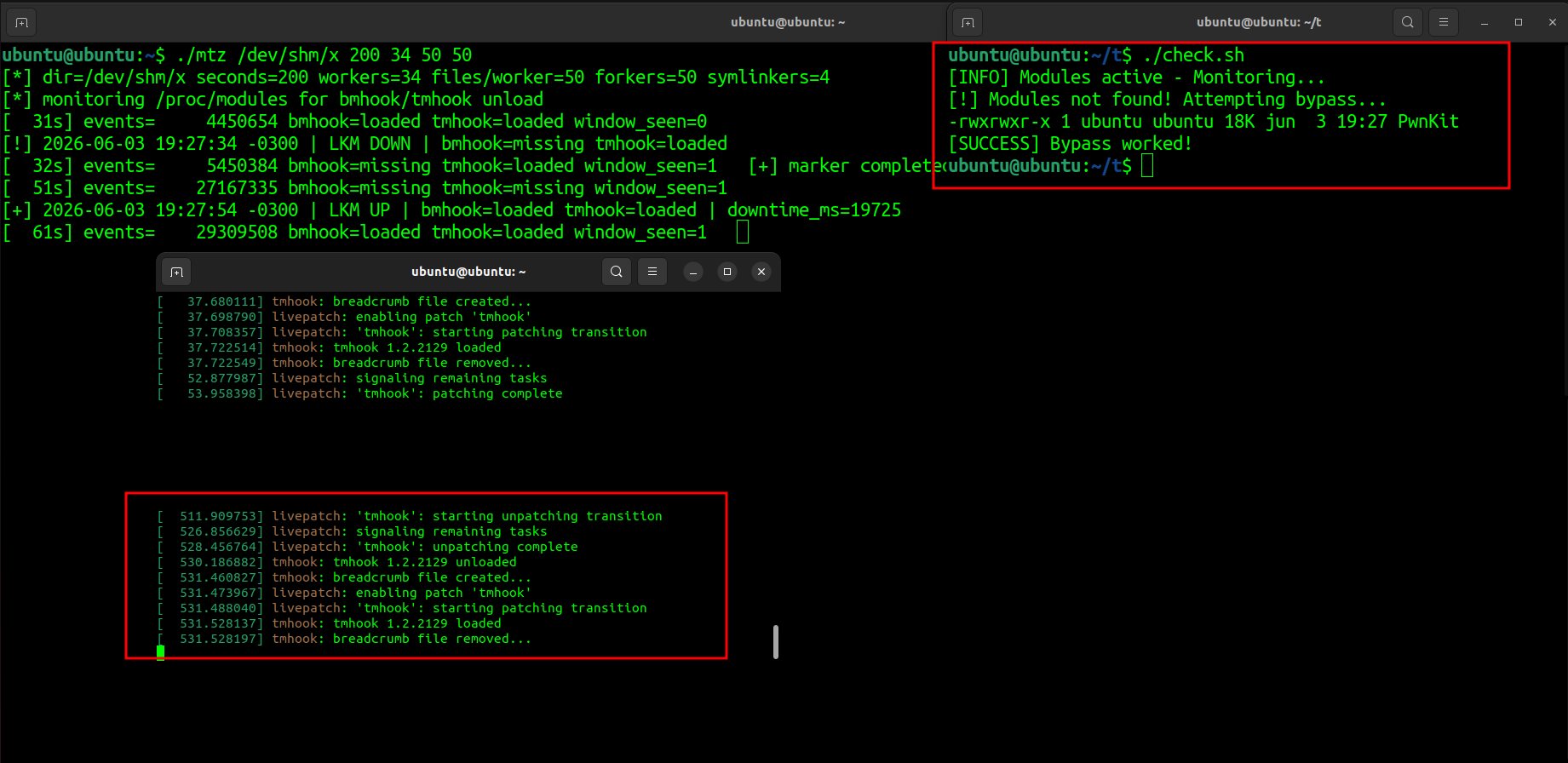 Impact window showing LKM down and a normally blocked artifact landing on disk
